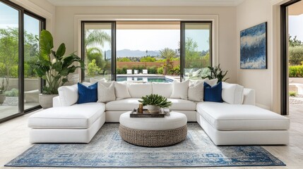 Modern living room with sectional sofa, pool view, and art