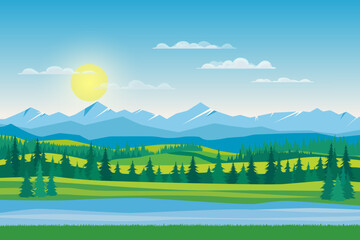 Beautiful landscape of river, forest and mountains on a sunny day. Bright sunny day in the wild. Vector landscape illustration of mountains, rivers, forests, fields and meadows with a stunning sky.