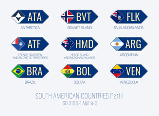 Set of vector illustrations of ISO 3166 1 alpha 3 and flags of SOUTH AMERICAN COUNTRIES . Part 1.
