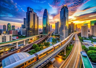 Fototapeta premium Bangkok Chong Nonsi Skytrain Station Aerial Panorama - Public Skywalk Bridge