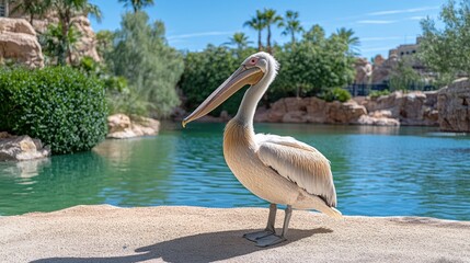 Brown pelican stands on pebbles near water, surrounded by lush greenery, showcasing its unique features in a tranquil garden