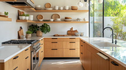 Fototapeta premium Bright airy kitchen with custom bamboo cabinetry, matte black hardware, open bamboo shelving with ceramic tableware, and light quartz countertops, illuminated by natural sunlight