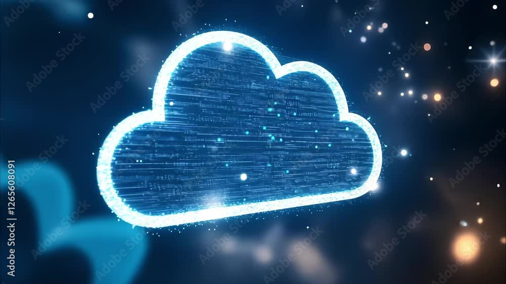 Poster a glowing, blue cloud symbol with digital elements, representing cloud computing or data storage tec
