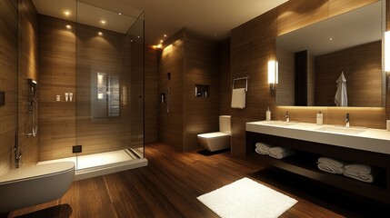 Fototapeta premium Modern luxury bathroom interior, glass shower, double sinks, city view