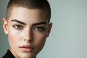 Naklejka premium Young caucasian female with short hair and striking features in close-up portrait