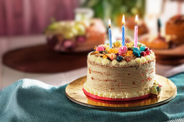 Beautiful birthday cake with flowers decoration