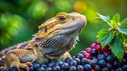 Obraz premium Bearded Dragon Lizard Portrait: Blackberries & Lush Green Leaves