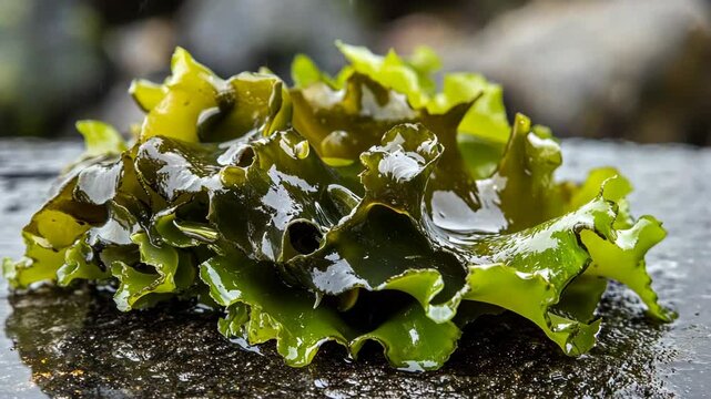 Fresh seaweed resting on a wet rock in a coastal environment during daylight