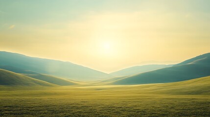 Serene Sunset Over Rolling Green Hills and Fields