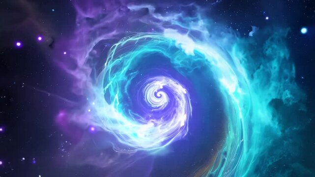 Zoom into a luminous spiral portal materializing amid a cosmic nebula backdrop, emitting ethereal particles, gaseous clouds swirl within the portal