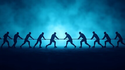 Fototapeta premium Silhouetted figures engaged in a tug-of-war against a misty blue backdrop, symbolizing teamwork and competition.
