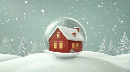 Naklejka premium Snowy winter house in snow globe, festive background, holiday card