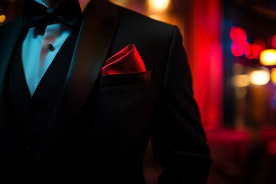 Elegant formal attire with black suit and red pocket square