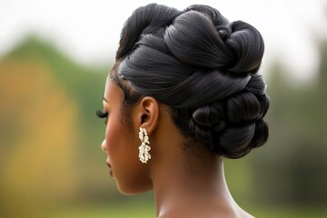 Elegant braided hair updo on african female model with gold earrings in nature setting