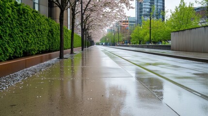 Obraz premium A quiet city street on a fresh spring morning, lined with blossoming trees. 