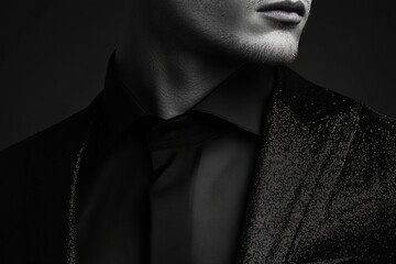 Elegant male in black suit with textured jacket in dramatic lighting