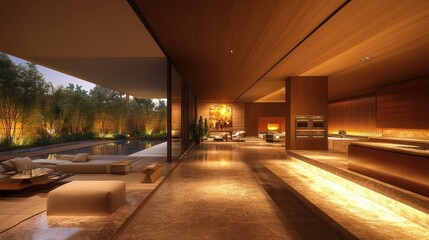 Modern luxury home interior, overlooking pool and garden at twilight. Use Architectural visualization