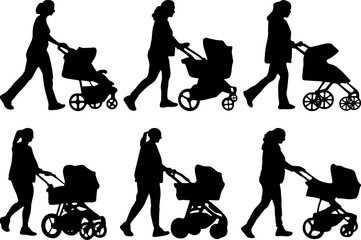 set of mother with stroller silhouette