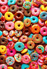 vibrant display junk food colorful backdrop featuring variety bright colors entice viewer, candy, snacks, treats, chips, burger, pizza, cake, donut, fries