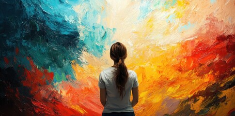 Obraz premium Woman with ponytail gazes at colorful abstract artwork