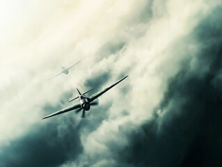 Fototapeta premium Two World War II fighter planes flying through heavy storm clouds with a moody atmosphere