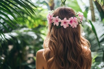 Naklejka premium Young caucasian female in jungle with flower crown and long hair