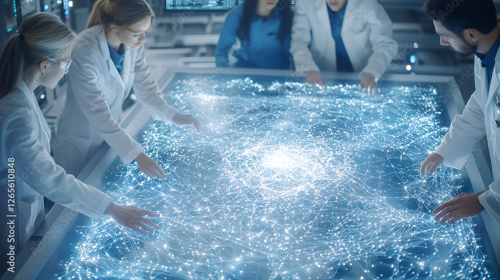 Poster diverse team of scientists in lab coats analyzing a futuristic holographic artificial intelligence i