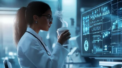 Professional female doctor in white coat is holding a cup of hot beverage and looking at futuristic transparent display showing various medical data in modern laboratory - Powered by Adobe