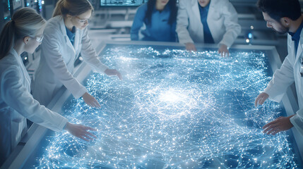 Diverse team of scientists in lab coats analyzing a futuristic holographic artificial intelligence interface with glowing data connections innovation research and advanced digital technology