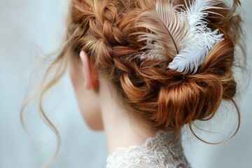 Elegant updo with feather accessory on young caucasian female
