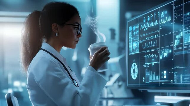 Professional female doctor in white coat is holding a cup of hot beverage and looking at futuristic transparent display showing various medical data in modern laboratory