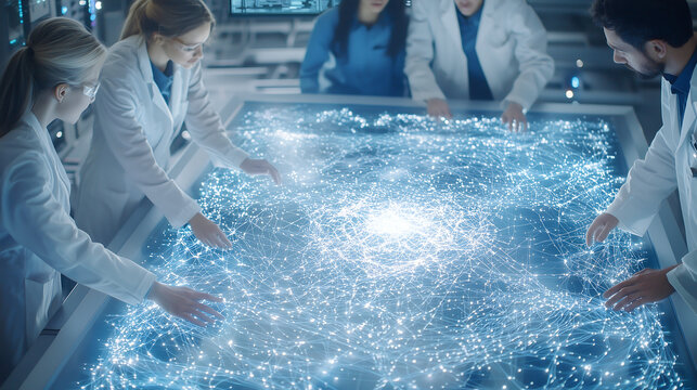 Diverse team of scientists in lab coats analyzing a futuristic holographic artificial intelligence interface with glowing data connections innovation research and advanced digital technology