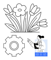 Stylized flowers, gear icon, and doctor holding a clipboard with online interface symbols. Ideal for healthcare, floral design, technology, communication, education, innovation abstract line flat
