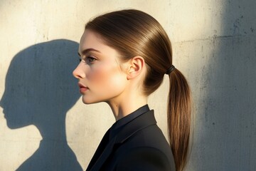 Profile portrait of young caucasian female with ponytail against sunlit wall