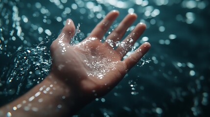 Fototapeta premium A hand reaches out, glistening droplets of water suspended in the air, capturing a moment of interaction with nature.