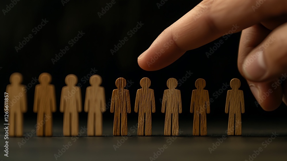 Poster a hand points towards a row of wooden figures, symbolizing selection or evaluation in a metaphorical