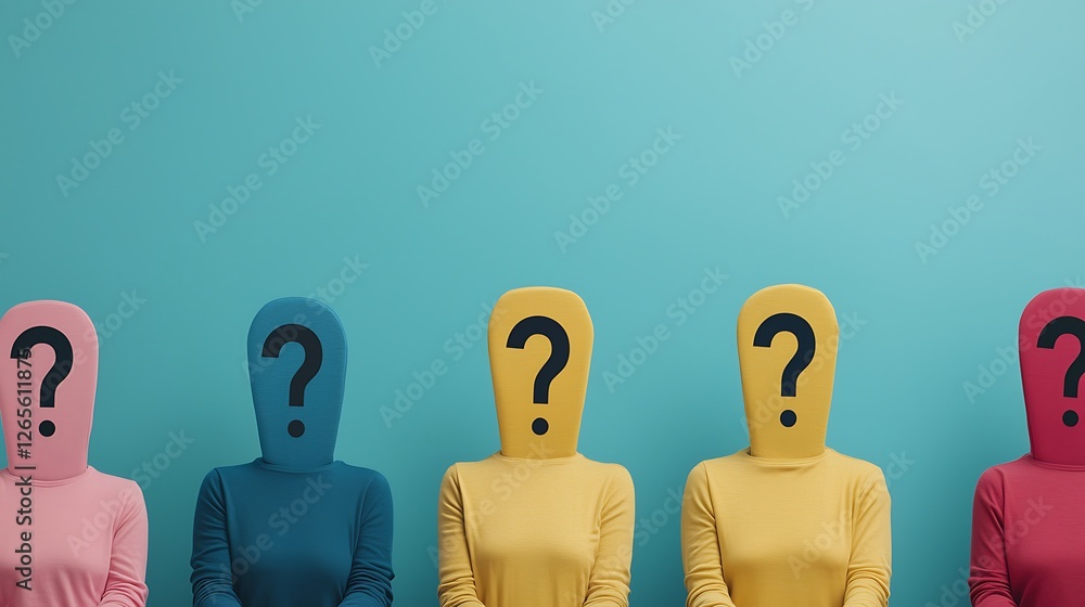 Poster a colorful display of faceless figures with question mark patterns, symbolizing mystery and inquiry 
