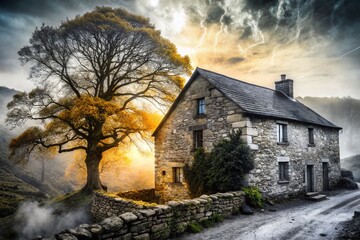 Black and White Double Exposure: Rustic Village House Overlapping Nature