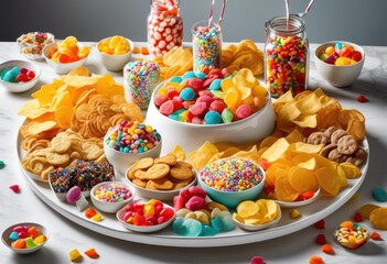 vibrant array delectable junk food treats featuring colorful display more tempting snacks, burger, cheeseburger, pizza, donut, brownie, cookie, fries