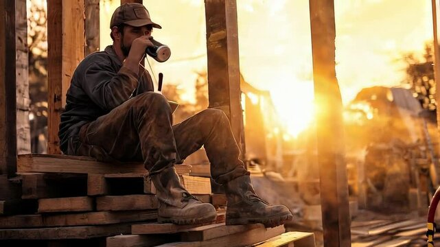 Construction worker resting on wooden planks, drinking from thermos during golden sunset light at busy job site, capturing peaceful moment after hard labor day