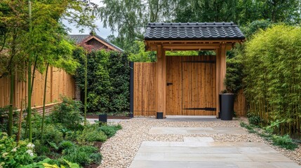Naklejka premium Traditional japanese garden entrance with bamboo gate and greenery