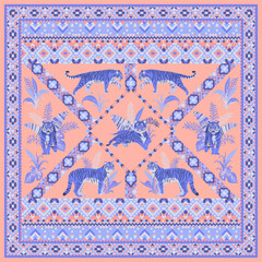Tiger illustration for headscarf, bandanas. Square geometric ornament.