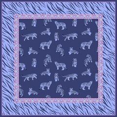 Illustration for a scarf, bandana. Tigers on a dark purple background.