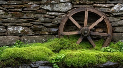 Obraz premium Moss-covered water wheel stands beside a table set for beer amid lush greenery in the French countryside