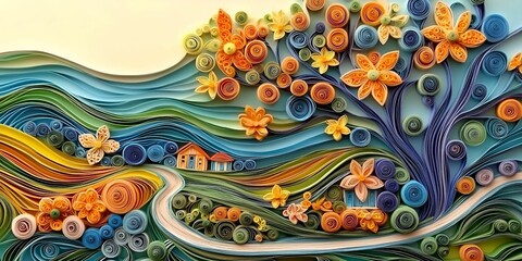 Landscape paper quilling concept. Colorful paper quilling art featuring a vibrant landscape with flowers and a winding road.