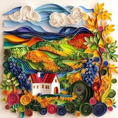 Landscape paper quilling concept. Colorful quilled art depicting a vibrant landscape with a house and various flowers.