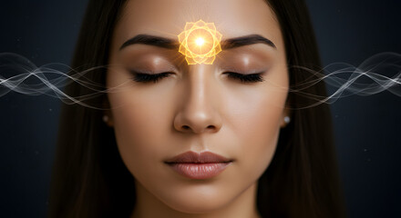 A close-up of a woman meditating with her eyes closed, a soft golden glow emanating from her third eye chakra