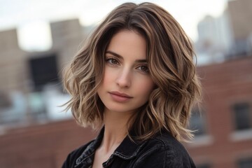 Young caucasian female outdoors with cityscape background