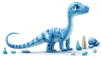 Cute blue dinosaur illustration, prehistoric landscape, children's book
