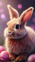 Obraz premium Adorable fluffy white rabbit with pink accents and a floral touch. Cute and playful, perfect for spring, Easter, and pet-themed projects. Trendy, modern design with vibrant colors.